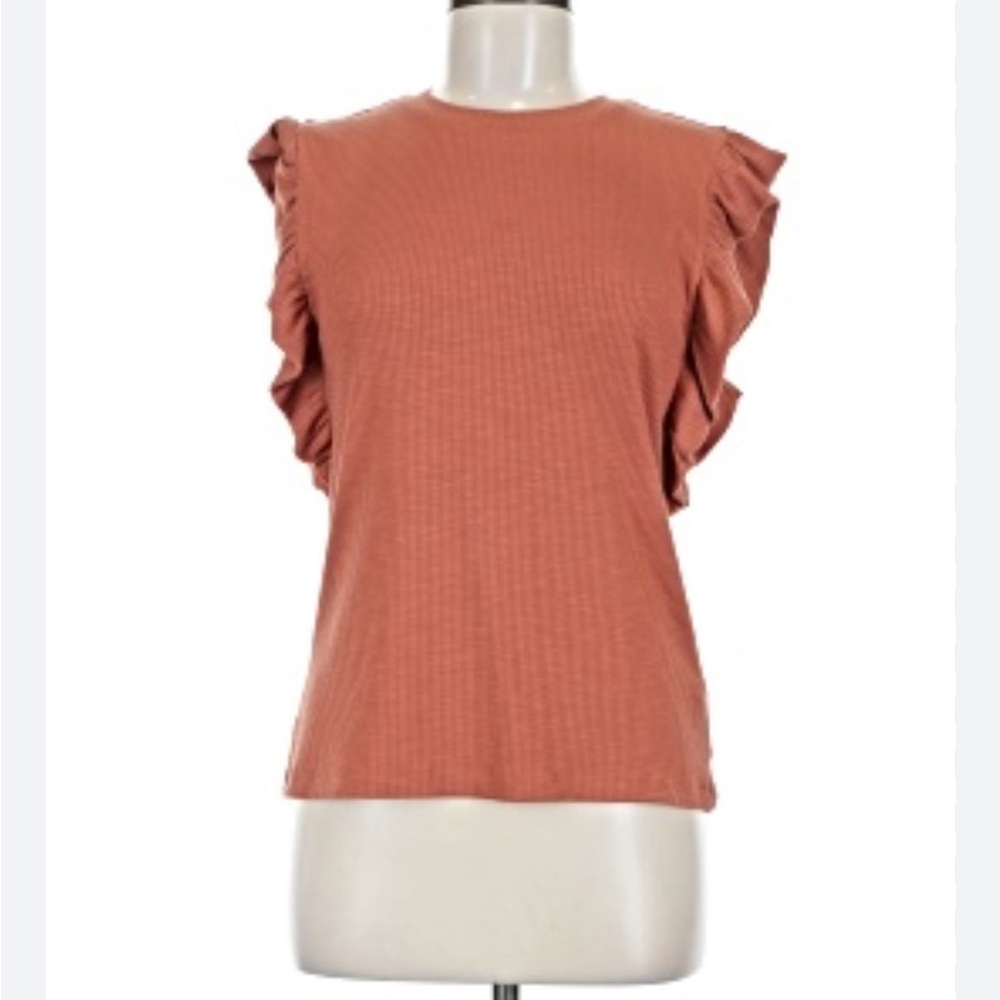 New S Spring Ruffled Beige Top Rust Grace + Karma Blouse Crewneck Romantic Boho